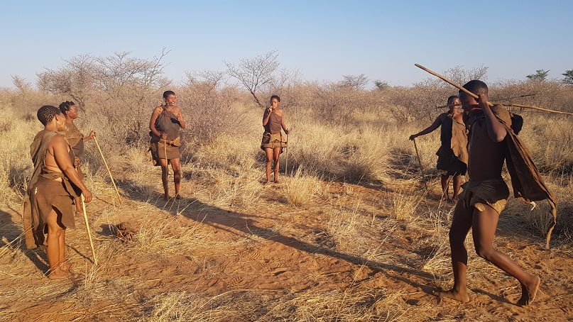 Bushman Walk, em Botswana - Tribo nativa apresentando formas ancestrais de caça e cura